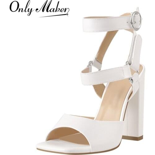 Onlymaker Womens Summer Square To Sandals Matte White Hook And Loop Metal Ring Ankle Buckle Chunky High Heel Shoes Concise