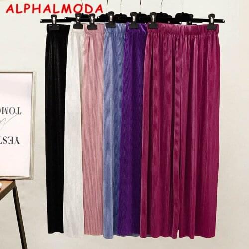 ALPHALMODA 2018 Summer Womens Solid Color Pleated Wide Leg Pants High Waist Female Fashion Pants