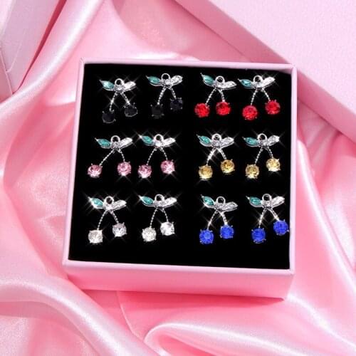 10Pcs/lot Sweet Crystal Cherry Charms Silver Gold Color Metal Fruit Plant Pendants Jewelry for Making DIY Earrings Necklaces