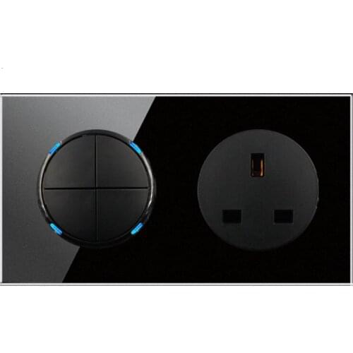 146 Type 4 gang 2 way UK switch Crystal Tempered Pure Glass Panel 13a Double Eu Standard Wall Power Socket Grounded black