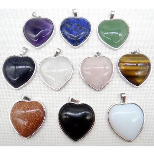 Natural Gem stone lapis Quartz Crystal Romantic Silver Plated Mixed Heart Shape Pendants For DIY Jewelry Making Necklace 4Pcs