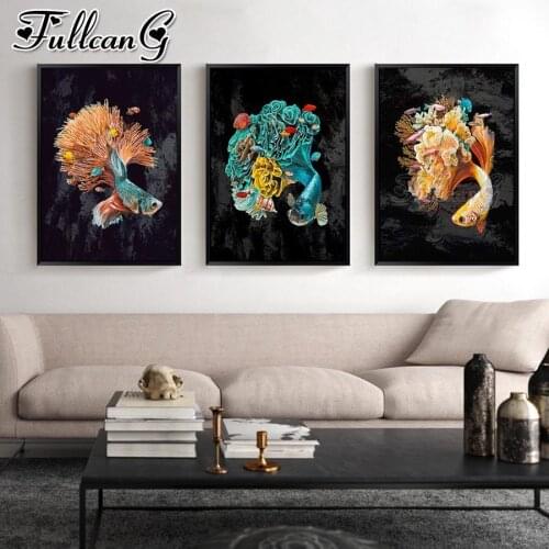 FULLCANG 5d diy diamond embroidery color fish flower diamond painting triptych full square round drill home decoration FC2628