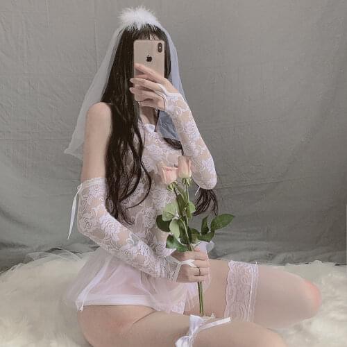White Wedding Uniform Bride Cosplay Costumes Sexy Mesh Perspective Sleeping Dress Role Play Temptation Lingerie for Women