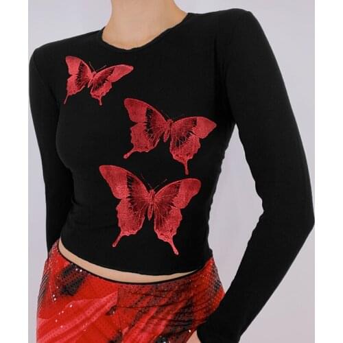 Butterfly Print Kawaii Graphic Y2K T Shirt Goth E Girl Streetwear Crop Top Women Long Sleeve O Neck Slim Black Baby Tee
