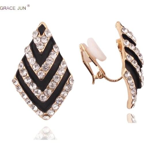 GRACE JUN New Gold Color Black Color Shape Clip on Earrings for Women Elegant Rhinestone Clip Earrings No Ear Hole Earrings