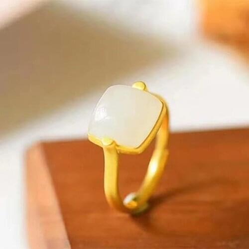Natural Hetian Jade White Jade Ring S925 Sterling Silver Square-Shaped Frosted Texture Open Adjustable Jade Ring