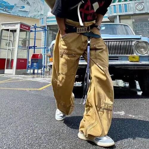 Multi Pocket Overalls Mens Loose Straight Pants Patchwork Jeans Mens Street Wear Hip Hop Jeans Fashion New Style Khaki And Blue