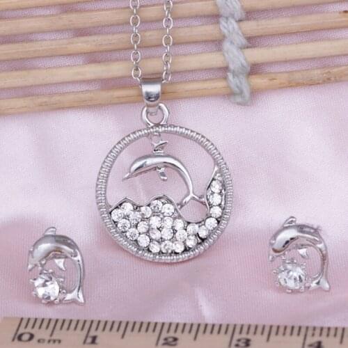 S060 Korean fashion Crystal jewely sets dolphin pendant Necklace + Earrings Two-piece Set