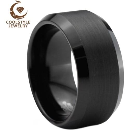 10MM Mens Black Tungsten Wedding Band Ring Brushed Beveled Comfort Fit