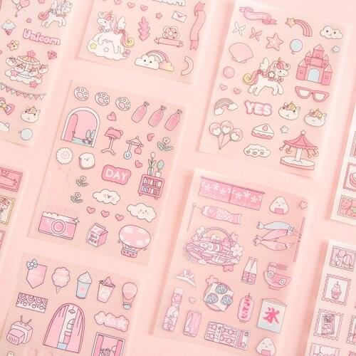 4 Sheets Set Sakura Unicorn Pink Peach kawaii Stickers Cute Stationery Sticker Bullet Journal Decoration Korean Supplies Gifts