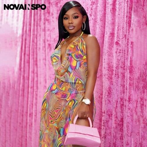 NOVAINSPO Deep V Neck High Waist Side Split Printing Maxi Dresses Backless Halter See Through Mesh Transparent Tie Up Dress Hot