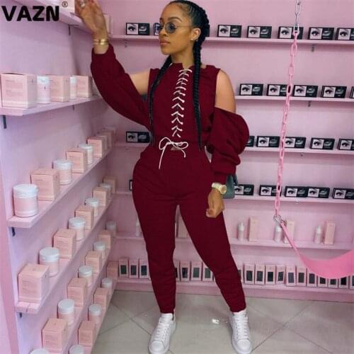 VAZN 2020 Autumn New Plus Size Novelty Young Sexy Cross Bandage Off Shoulder Full Sleeve Group Long Pants Women 2 Piece Set