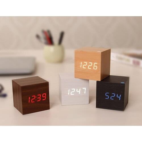 New Arrival Wooden LED Alarm Clocks Temperature Electronic Clock Sounds Control Digital LED Display Desktop Calendar Table clock
