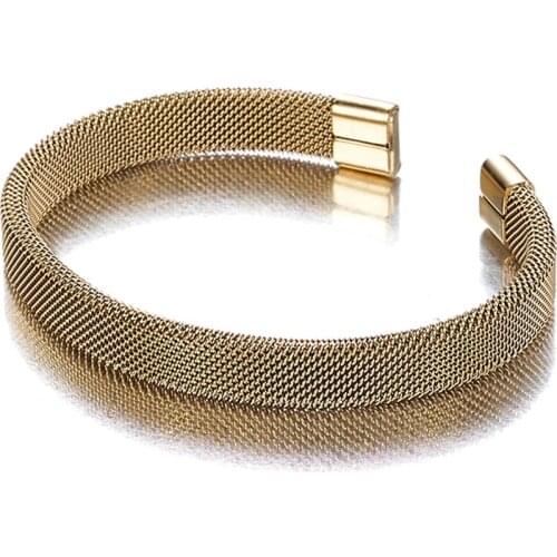 Charming Stainless Steel Gold Color Net Shape Chain Cuff Bangle Womens Mens Bracelet Bangle 7.08'' 8mm