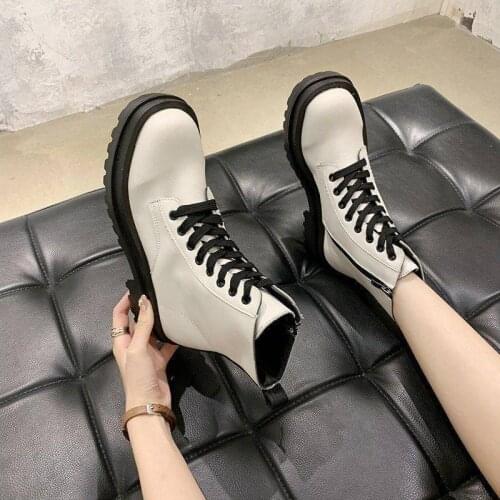 New Women Leather Boots Winter Ankle Boots Casual Ladies Fashion Shoes Women White Botas Mujer Raffi Lace Up Combat Boot