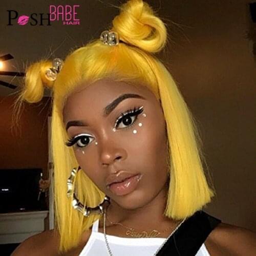 Yellow Colored Lace Front Wig Pre Plucked Remy Peruvian Hair Wigs For Black Women 13x1 T Part Lace Wig Human Hair Short Bob Wig