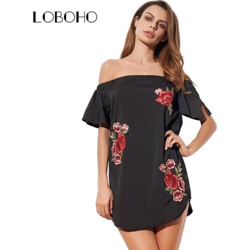 Off Shoulder Dress With Embroidery Flower Fashion 2018 Summer Dress Black White Blue Short Sleeve Casual Floral Dresses Women