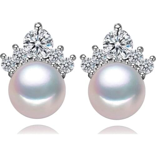 Crown Shaped Freshwater Pearl Earrings for Women Girls Earring Stud Clear Cubic Zircon CZ Womens Fashion Jewelry Gifts