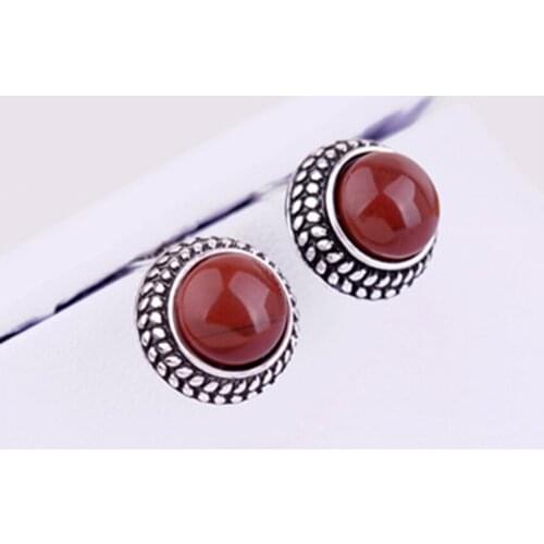Natural Red Stone Round Beads Earrings For Woman Antique Silver Plated Red Stone Earrings With Silver Ear Nail Classic Jewelry