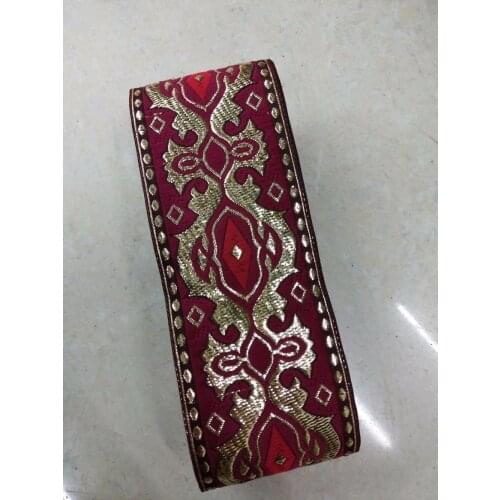 Wide 5cm 10yards/lot Polyester Woven Jacquard Ribbon red background gold Geometric pattern for clothing accessory ls-422