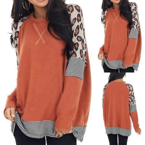 WomenS Top Loose Leopard Stripe Stitching Long-Sleeved Round Neck T-Shirt Top Knitted Fabric Different Models топ женский 40