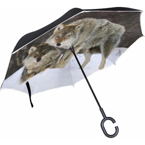 Windproof Reverse Umbrella Wolf Standing In Snow C-Hook Double Layer Long Shank Inverted Creative Customized Rain Protection