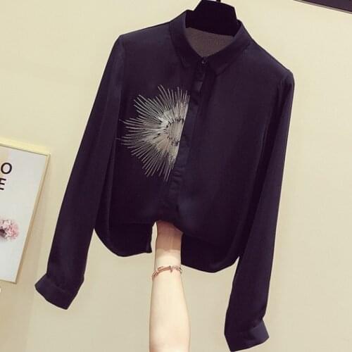 Embroidery Chiffon Women Shirts Summer New Design 2021 Turn-Down Collar Long-Sleeved Elegant Office Lady Outwear Tops