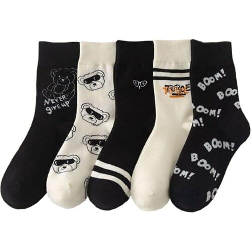 Socks Women Autumn Letter Japanese Street Style Pure Cotton Cartoon Bear Black White Cute Simplicity Breathable Sweat-absorbent