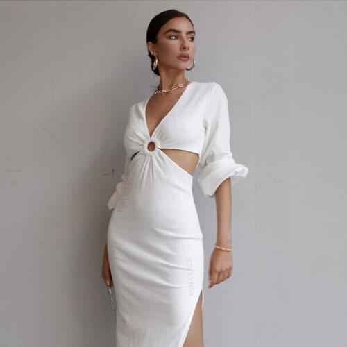 Sexy V-Neck Solid Hollow Out Dress 2021 Summer Women Long Lantern Sleeve Club Party Evening Dress Maxi Dresses Vestidos A943
