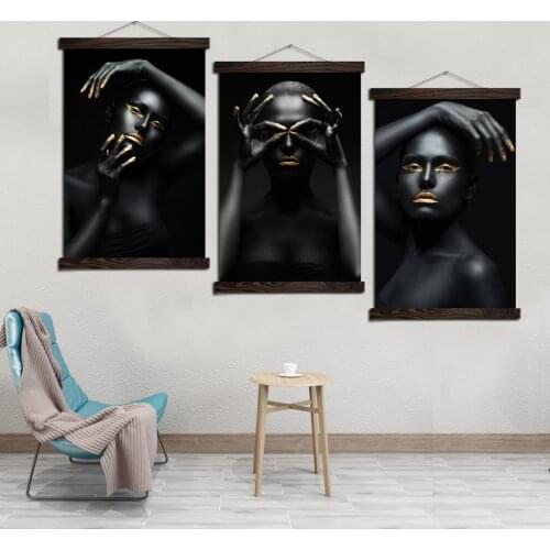 Gold Black Girl wall art canvas framed Prints Canvas Painting Scroll Painting Poster Decorative Canvas Painting home decor