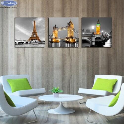 3 PCS 5D Diy DIY Diamond Embroidery Paris Tower City Building London Bridge Diamond Painting Cross Stitch For Living Room Decor