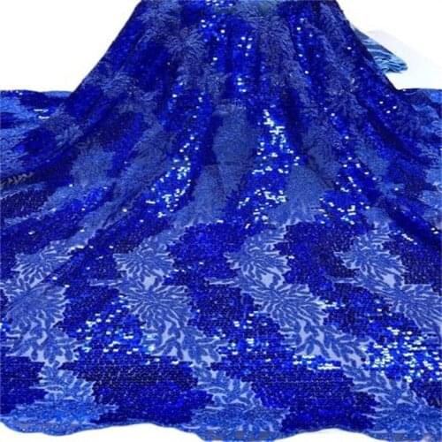 Sequins Lace Fabric 2021 Royal Blue 5 Yards High Quality African Nigerian Tulle Lace Fabric For Diy Sew Dress Wedding Party