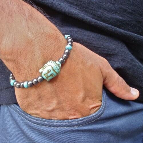 Mens Spiritual Protection Tibetan Buddha Bracelet with Semi Precious Turquoise