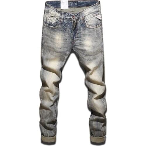 Men Jeans Retro Yellow Washed Vintage Designer Jeans Italian Style Fashion Streetwear Stretch Classical Slim Jeans Homme