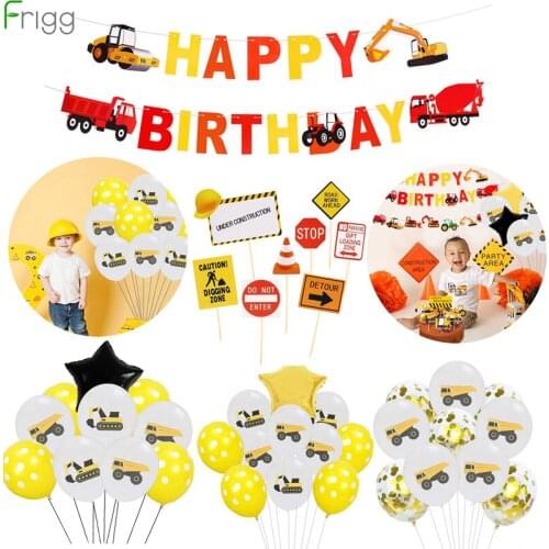 Excavator Vehicle Birthday Balloons Truck Cake Topper Happy Birthday Banner Construction Birthday Party Decor Kids Baby Shower