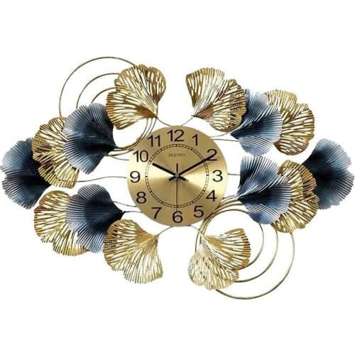 Chinese Luxury Wrought Iron Ginkgo Leaf Wall Clock Home Livingroom Wall Hanging Decoration Porch Background Wall Sticker Crafts