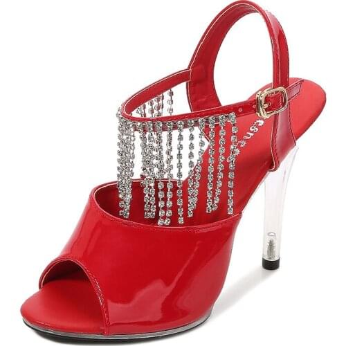 11CM High Heels Summer Sexy Rhinestone Nightclub Shoes Patent Leather Transparent Fish Mouth Sandals Large Size Shoes LFD