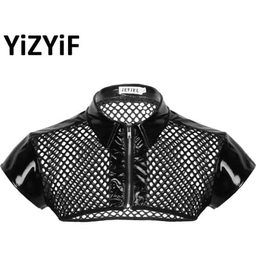 Mens Fishnet Tank Top Sexy Sheer Mesh See Through Patent Leather Splice Harness Clubwear Costume Crop Top