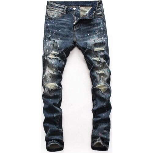 High Street 2021 Men Jeans Top Quality Slim Fit Retro Blue Paint Designer Destroyed Ripped Jeans Men Punk Style Hip Hop Jeans