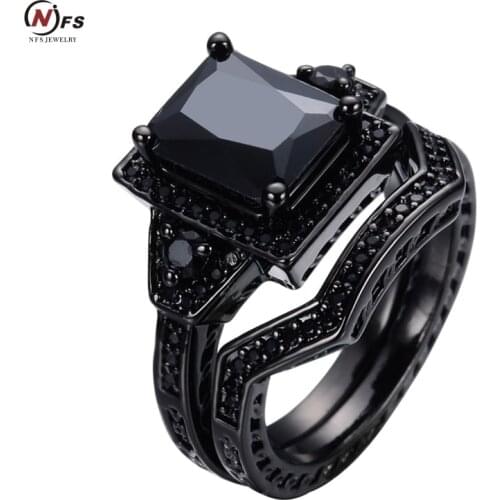 NFS Black Rhodium Princess Cut Onyx Wedding Engagement Ring Set Propose Statement Bridal Halo Cocktail Promise Anniversary