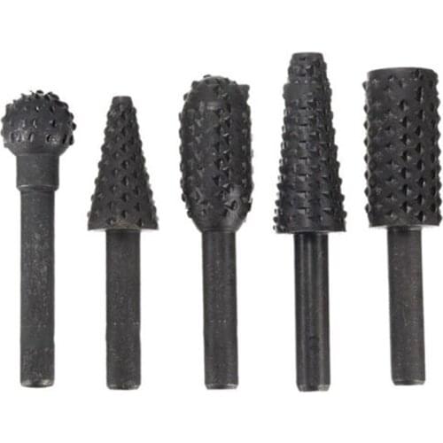 5pcs 1/4 Shank Rotary Burr Set Wood Carving File Rasp Drill Bits Tool Black Kit