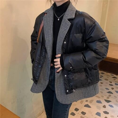 2021 New Fashion Women Winter Thicken Jacket Houndstooth Down Cotton Coat Ladies All-match Warm Outwear Shiny Parka