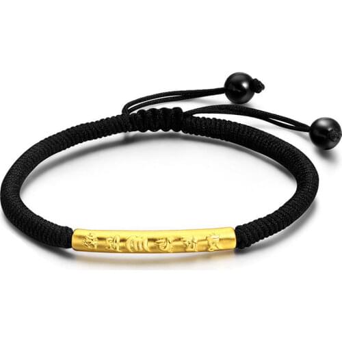Authentic 24K Yellow Gold Smart Long Tube Black Red Braided Bracelet - Best Gift