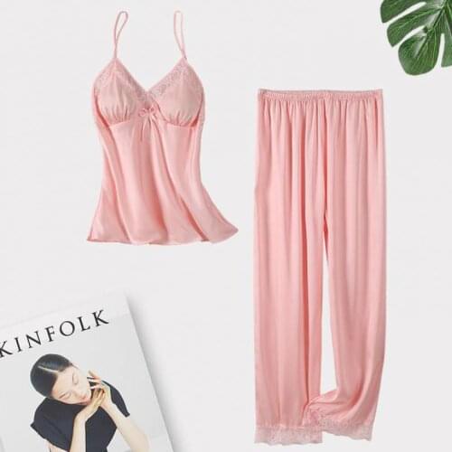 Sexy Lace Pajamas Suit Satin 2PCS Strap Top Long Pants Sleep Suit Intimate Lingerie Women Summer New Pyjamas Sleepwear Homewear