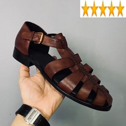 Size 46 Retro Rome Plus Men Handmade Genuine Leather Cowhide Flat Sandals Luxury Breathable Summer Hollow Out Formal Shoes