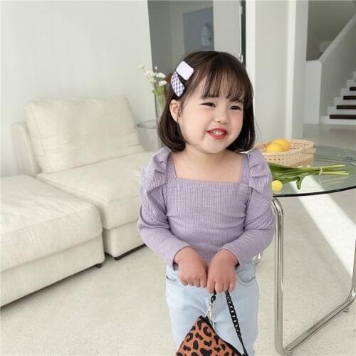 Chic Puff Sleeve T-shirts Knitted Tops Square Collar Spring Autumn Girls Fashion Puffy Sleeve T-shirt Baby Kids Children Tee