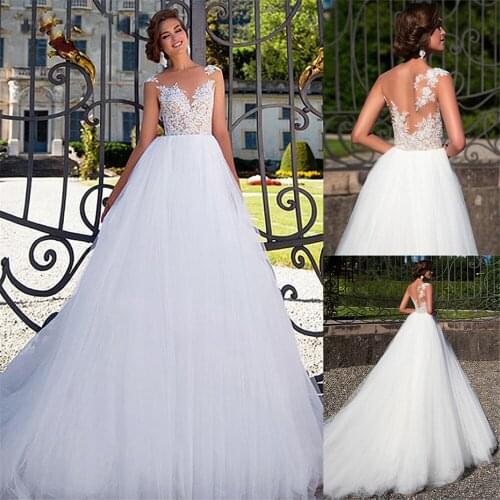 Princess O Neck Wedding Dresses 2021 Appliques Lace A-line Tulle Sleeveless Bridal Gown Backless Vestidos de Noivas Custom Made