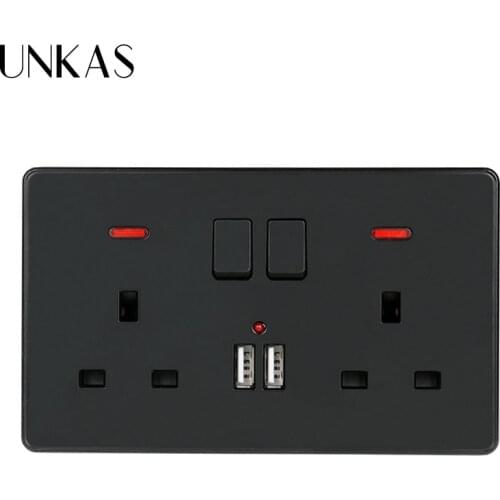 UNKAS Wall Power Socket Double UK Standard Outlet Switched 2.1A Dual USB Charger Port LED Indicator 146mm*86mm Black Color