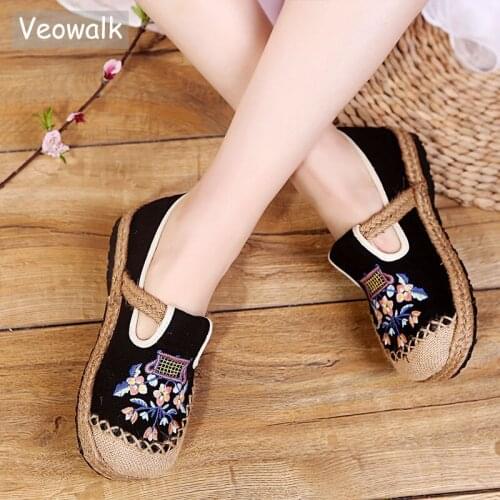 Veowalk Handmade Women Casual Espadrilles Flat Shoes Japanese Style Ladies Casual Linen Cotton Sneakers Breathable Slip-ons