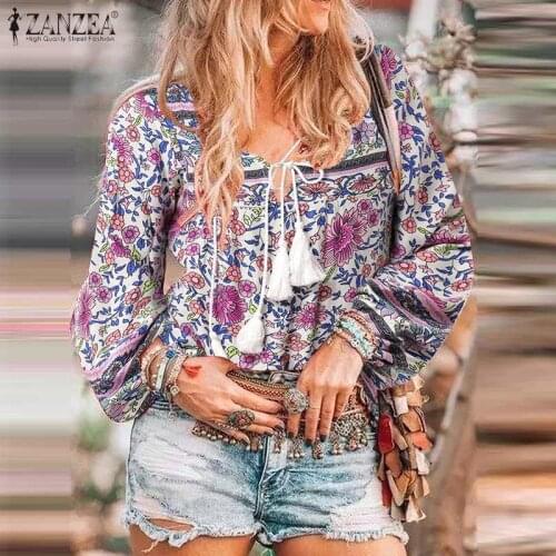 ZANZEA Bohemain Printed Blouse Women Spring Shirt Casual V Neck Long Sleeve Floral Blusas Tunic Vintage Lace Up Holiday Tops